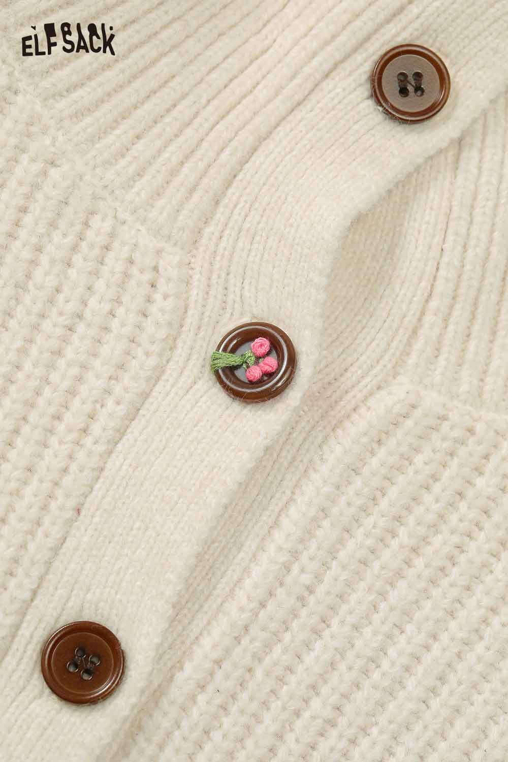 ELFSACK women's embroidered stand collar sweater in cream with decorative buttons and textured knit design