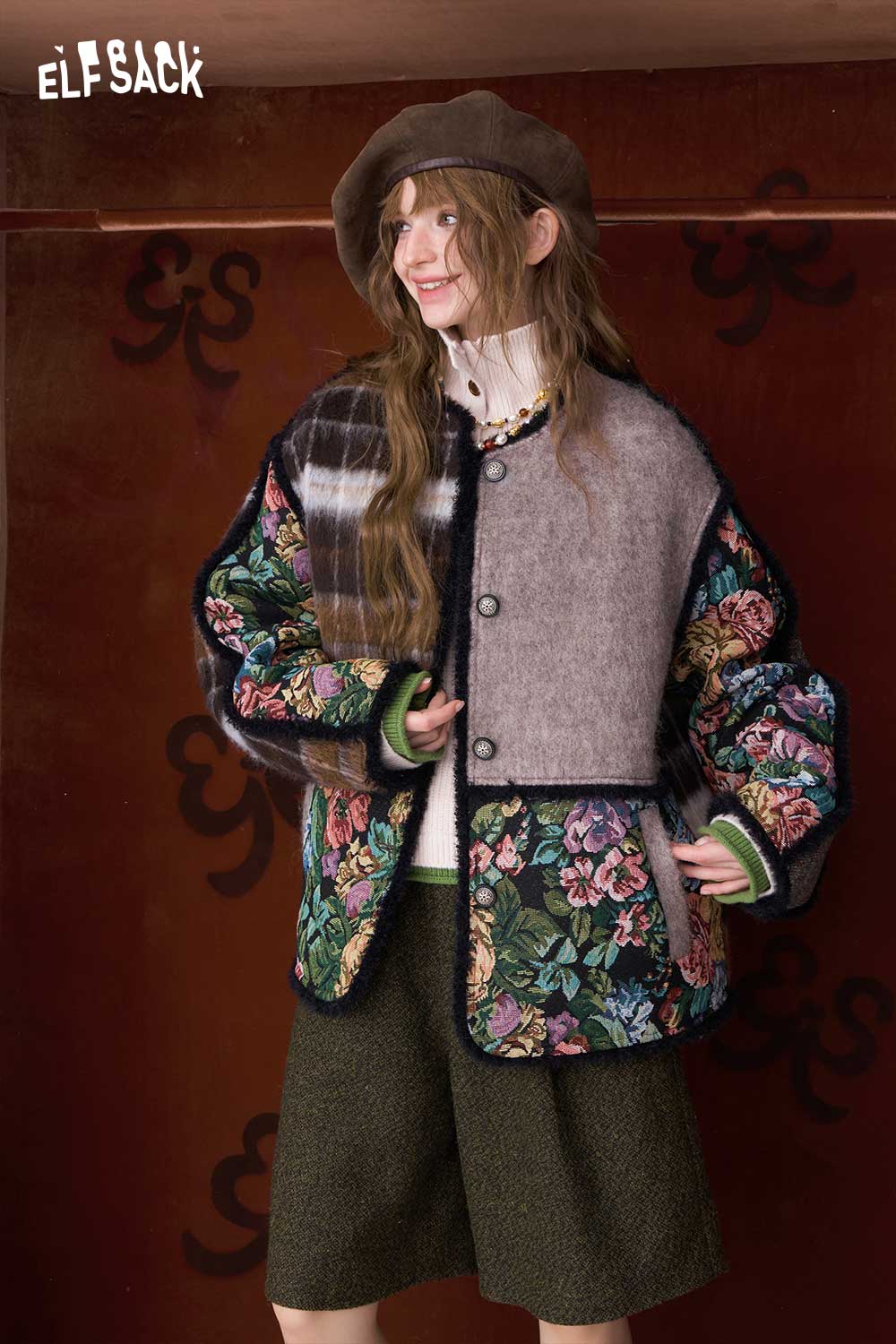 ELFSACK women's embroidered stand collar sweater in a floral design, layered for a trendy look