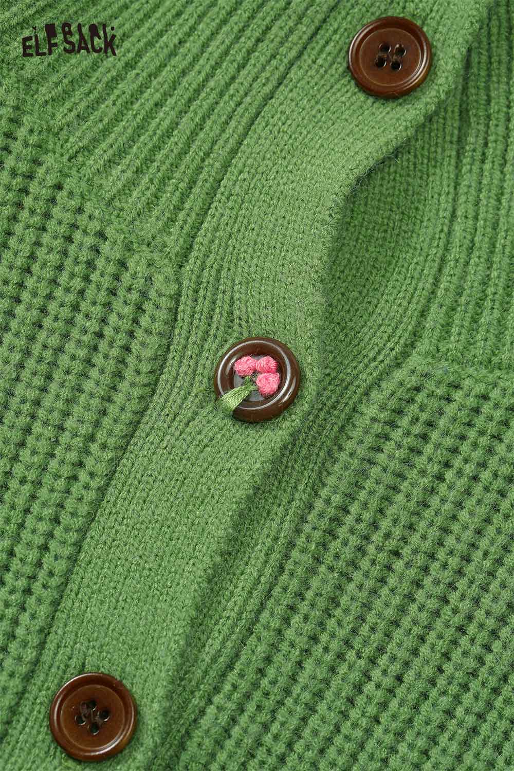 Close-up of ELFSACK women's embroidered stand collar sweater in green with stylish button details