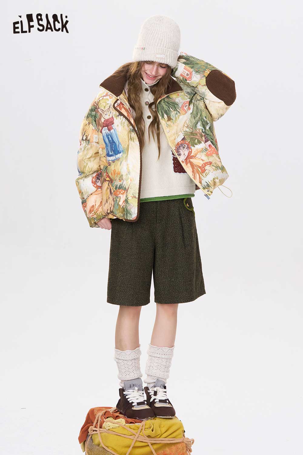 ELFSACK women's embroidered stand collar sweater styled with colorful quilted jacket and shorts