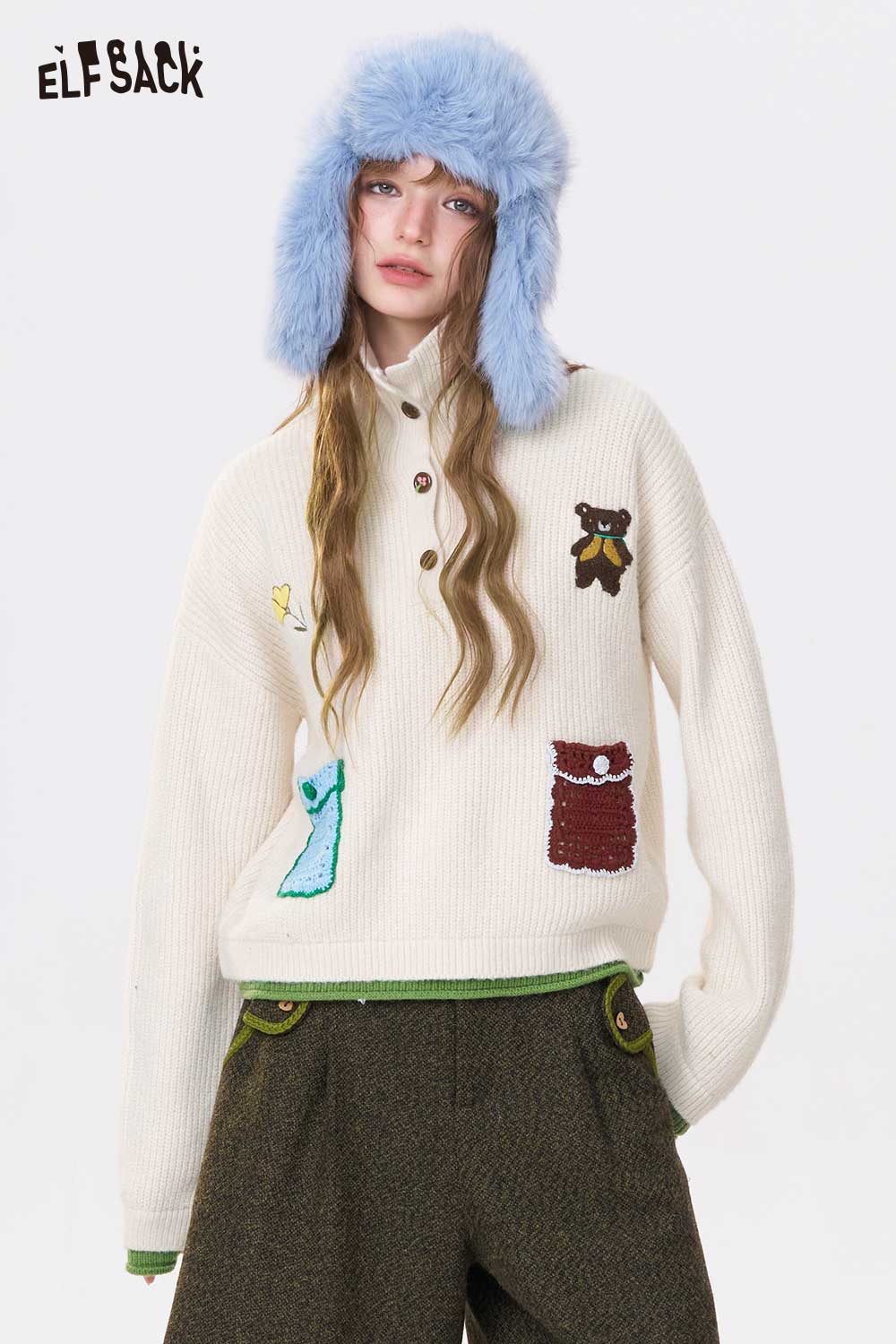 ELFSACK women's embroidered stand collar sweater in cream with playful patches for a cozy look