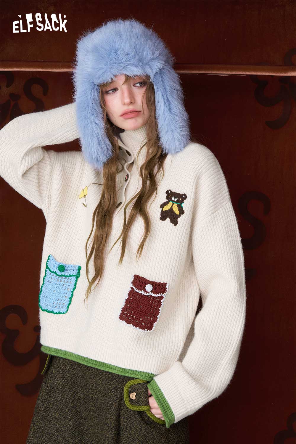 ELFSACK women's embroidered stand collar sweater with colorful pockets and a cozy design