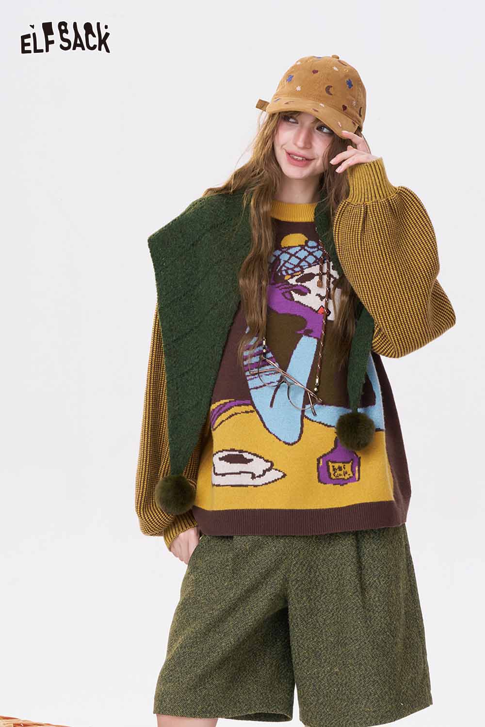 ELFSACK women's empire waist bermuda shorts paired with a colorful oversized sweater and whimsical hat