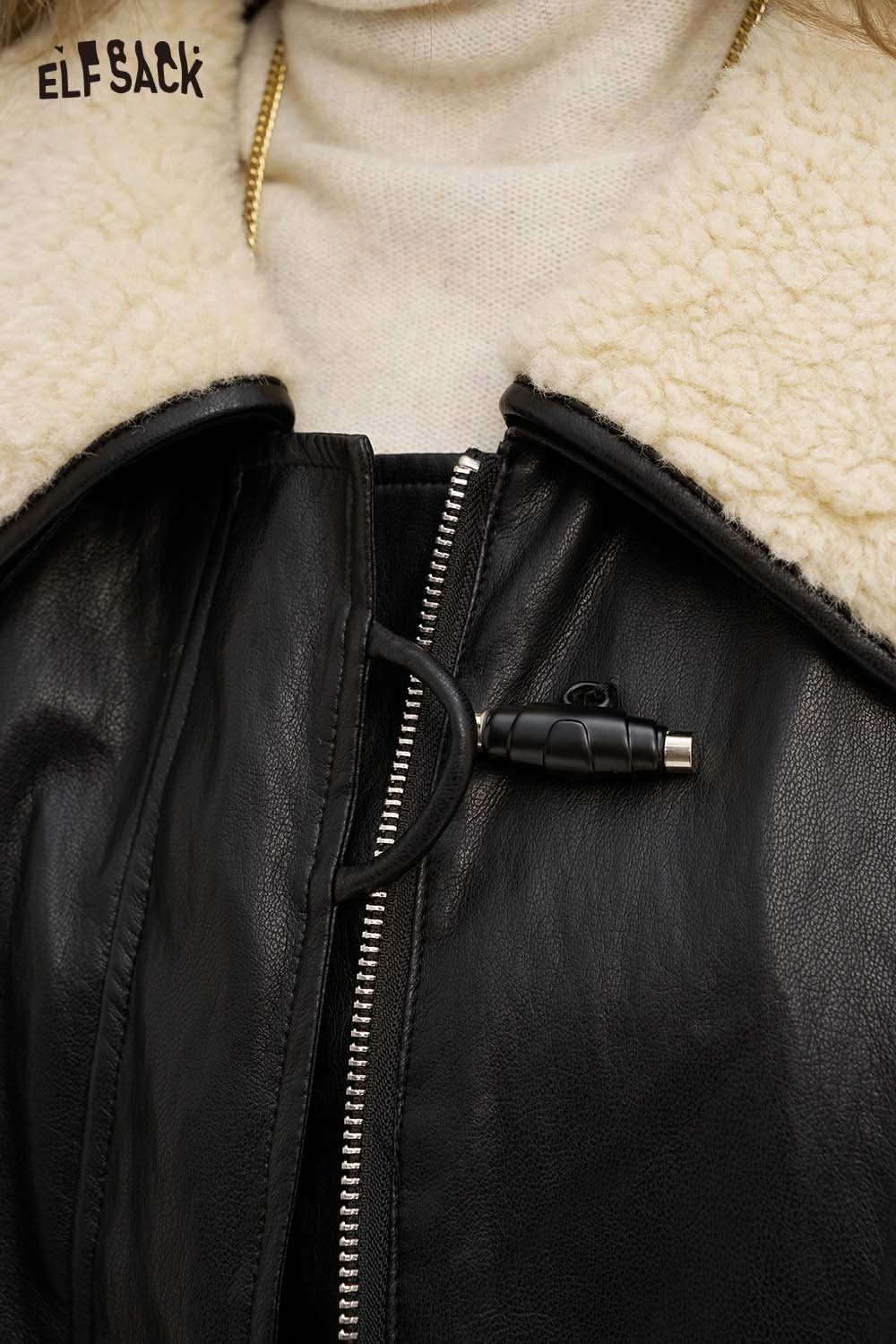 ELFSACK women's faux leather jacket with plush collar features a stylish zip closure and cozy design