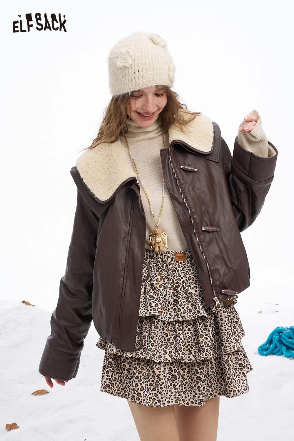 ELFSACK women's faux leather jacket with plush collar, stylish brown coat for chilly weather.