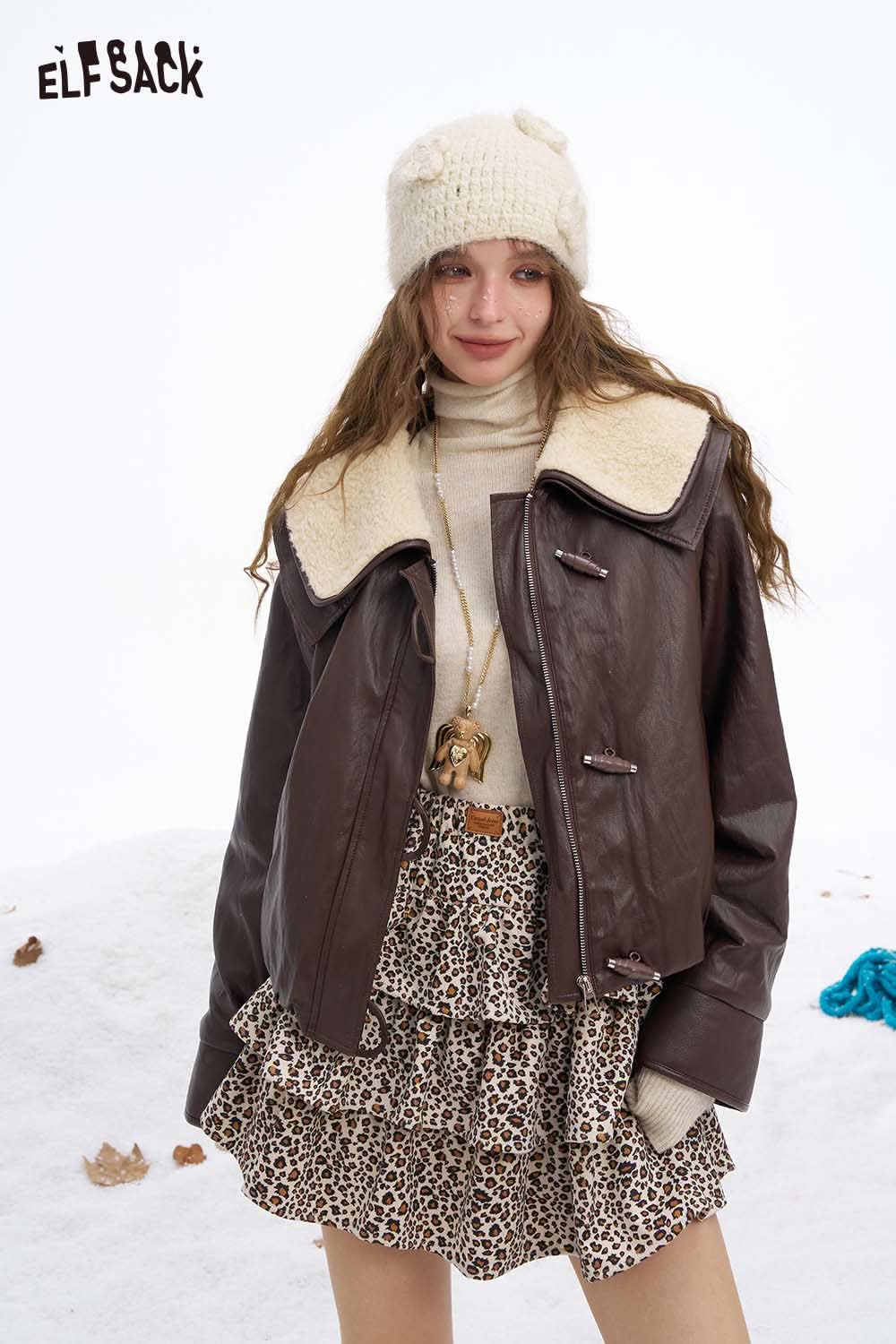 ELFSACK women's faux leather jacket with plush collar, stylish and perfect for winter outfits