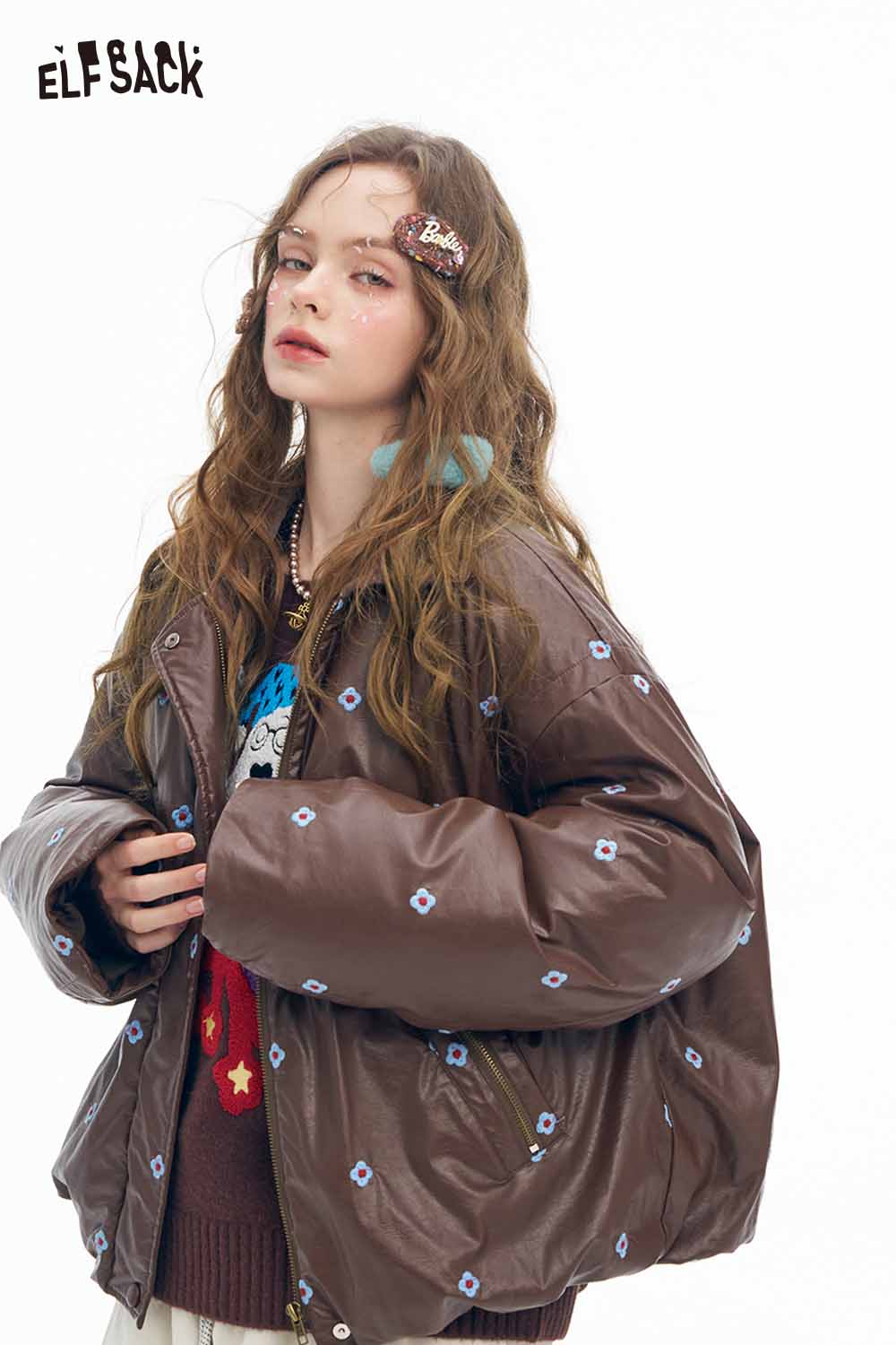 ELFSACK women's faux leather short down jacket with embroidered details and loose fit