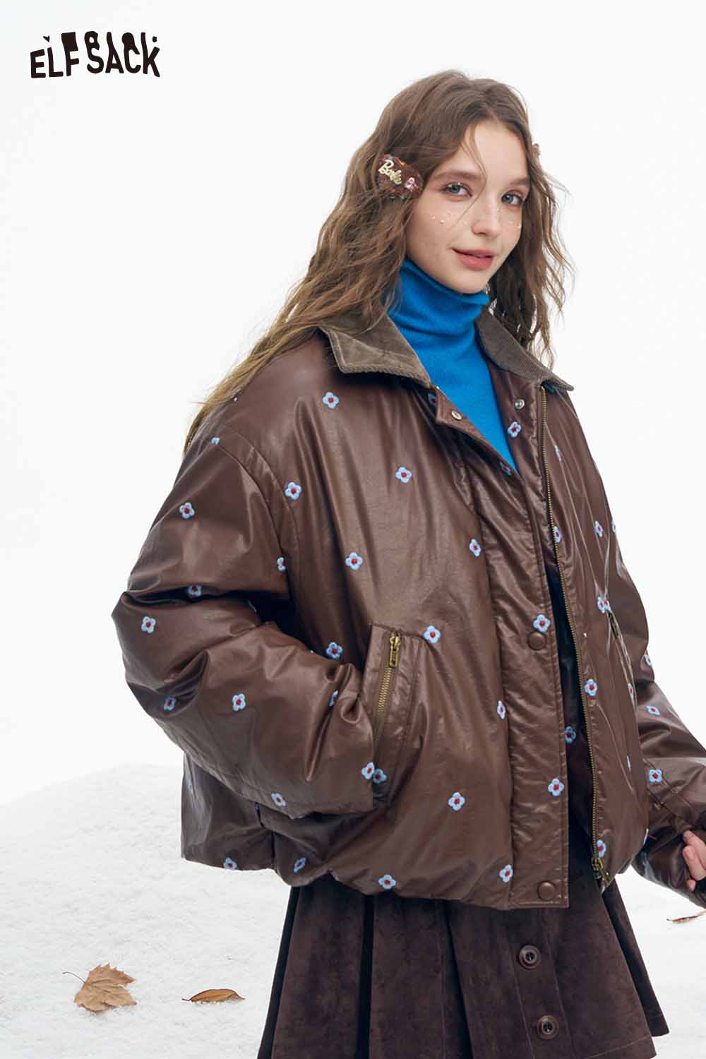 ELFSACK women's faux leather short down jacket with colorful geometric embroidery for stylish warmth