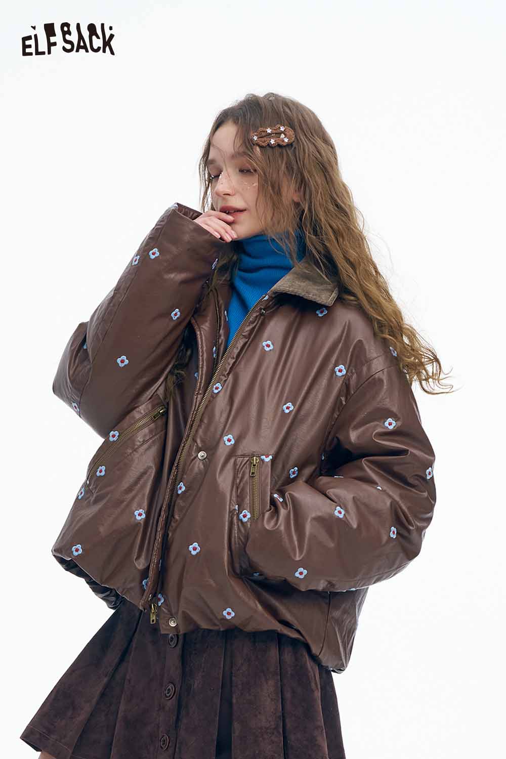 ELFSACK women's faux leather short down jacket in brown with decorative blue patterns