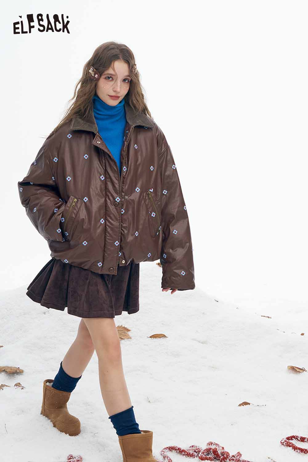 ELFSACK women's faux leather short down jacket in brown with embroidered details, styled with a blue turtleneck