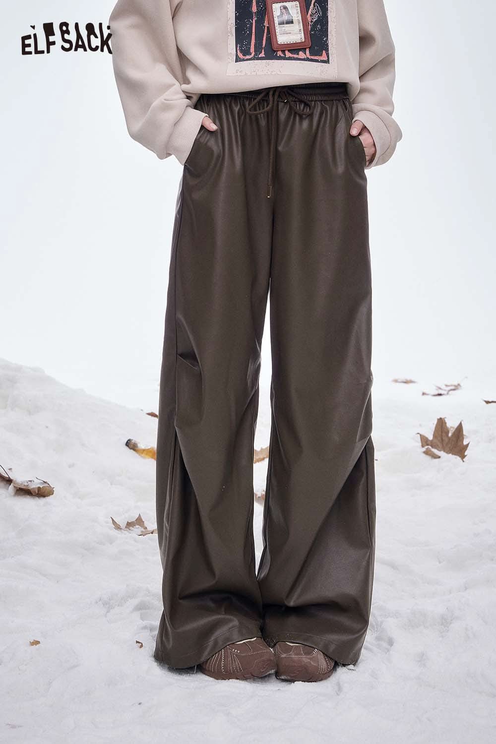 ELFSACK women's faux leather straight leg pants in dark brown with comfortable fit and pockets