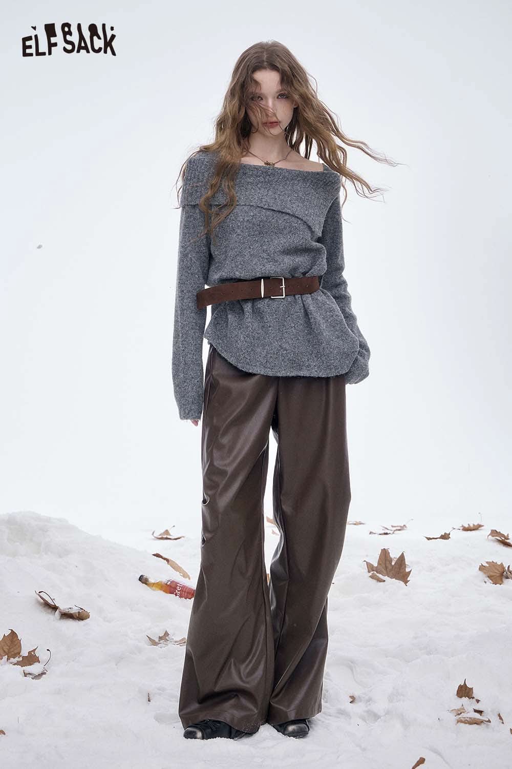 ELFSACK women's faux leather straight leg pants styled with a cozy gray sweater in a snowy setting