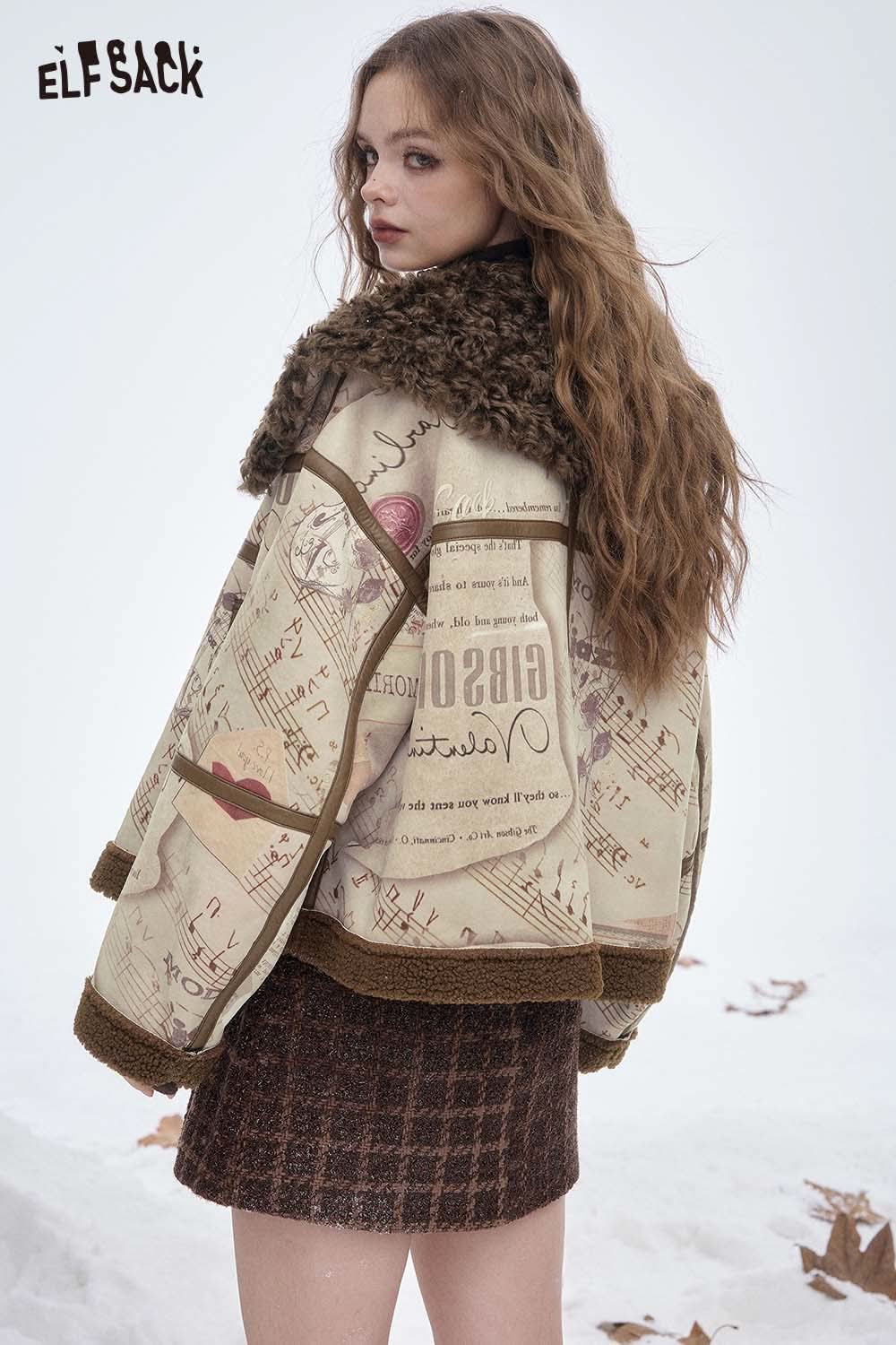 ELFSACK women's faux leather wool coat featuring a stylish design and cozy collar perfect for winter.