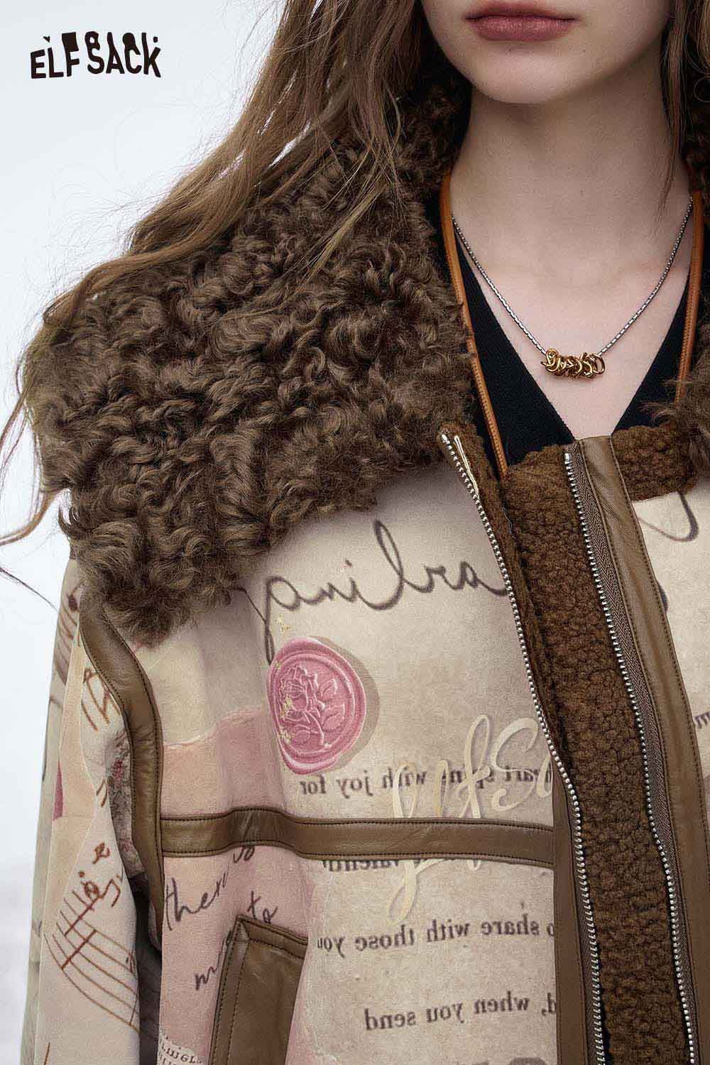 ELFSACK women's faux leather wool coat with unique design and cozy fur collar for stylish winter wear