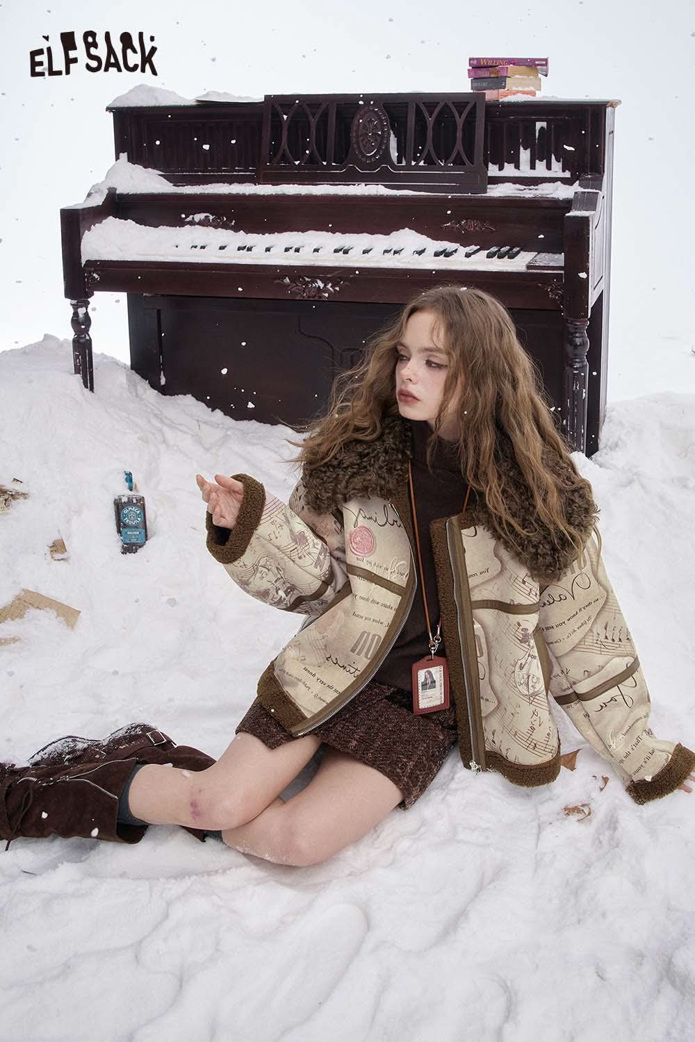 ELFSACK women's faux leather wool coat featuring a cozy design in a snowy setting