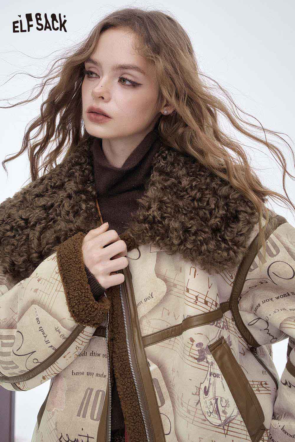 ELFSACK women's faux leather wool coat with a stylish printed design and plush collar for a chic look