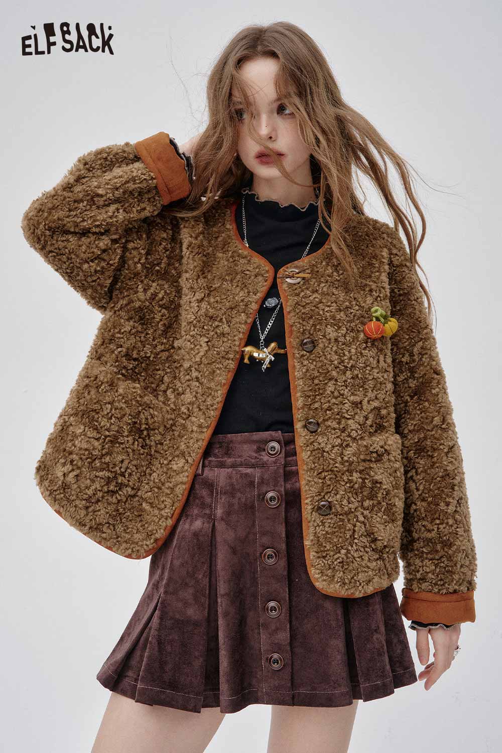 ELFSACK women's faux shearling pumpkin jacket in brown with a relaxed fit and buttoned front