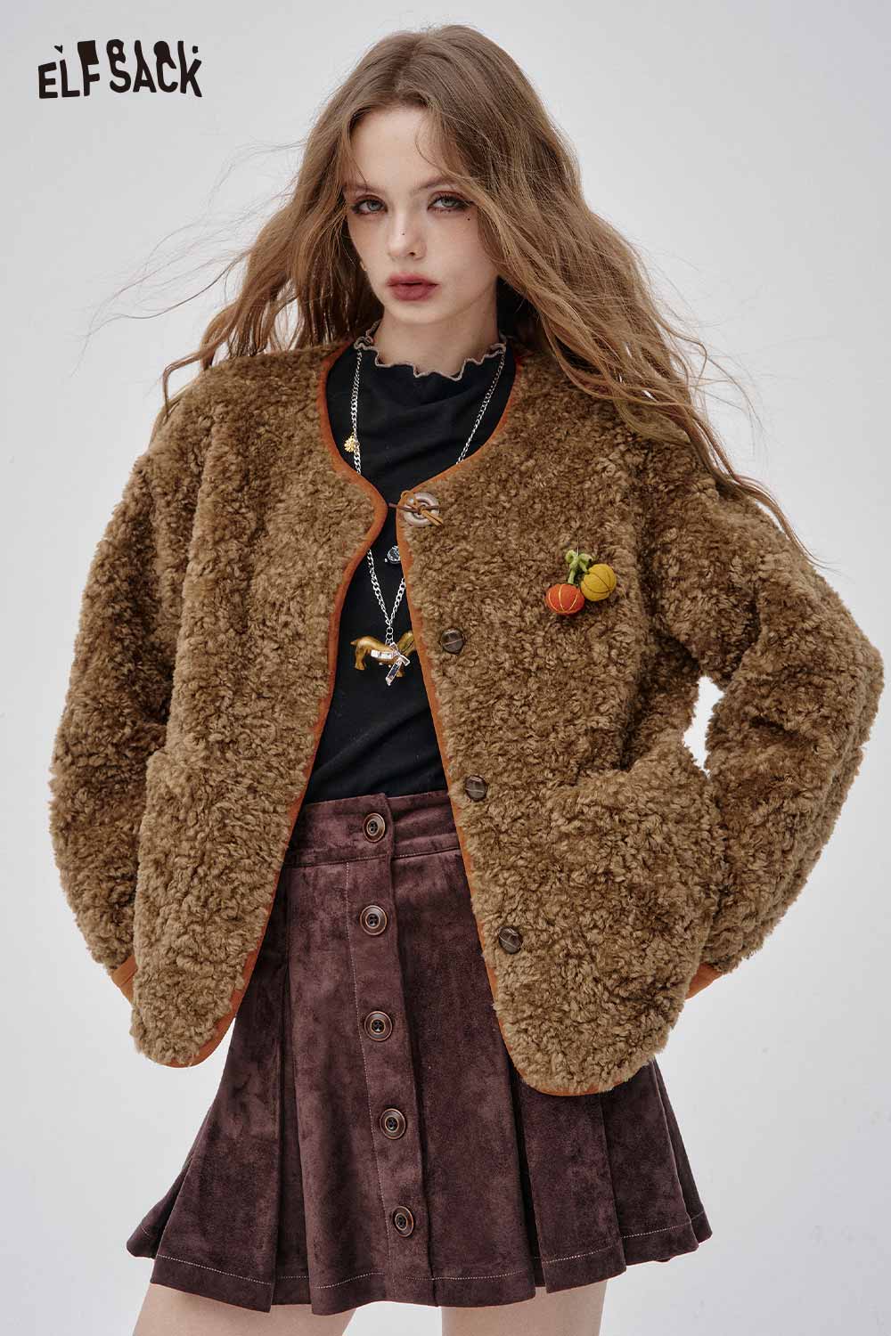 ELFSACK women's faux shearling pumpkin jacket in brown with a cozy design perfect for fall fashion