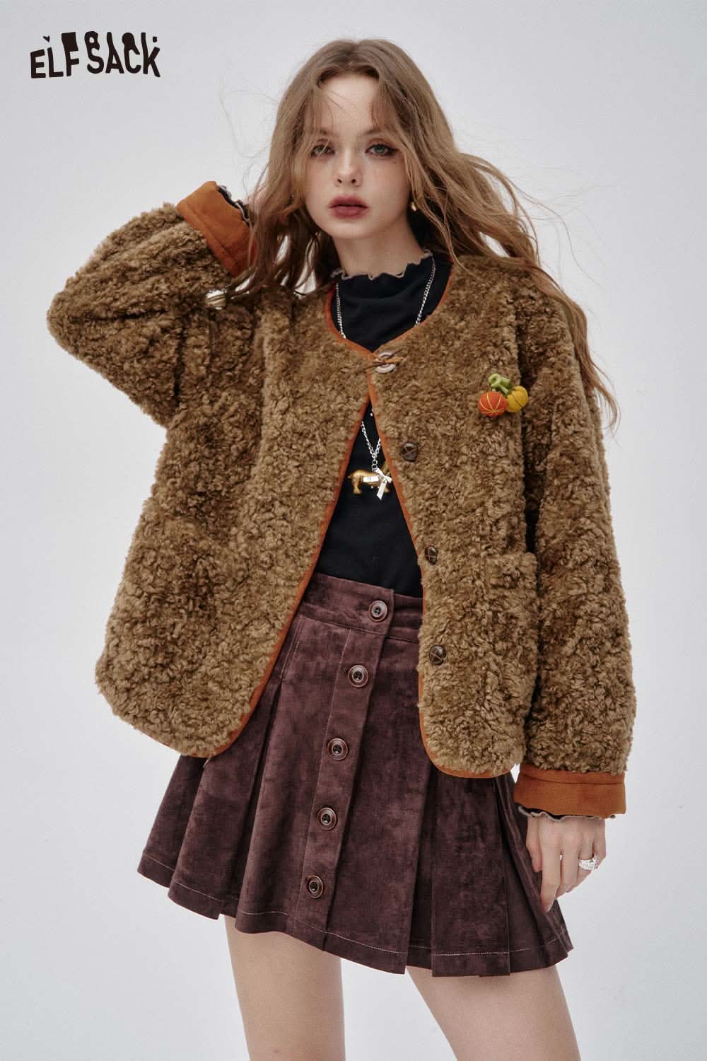 ELFSACK women's faux shearling pumpkin jacket with cozy design and stylish buttons