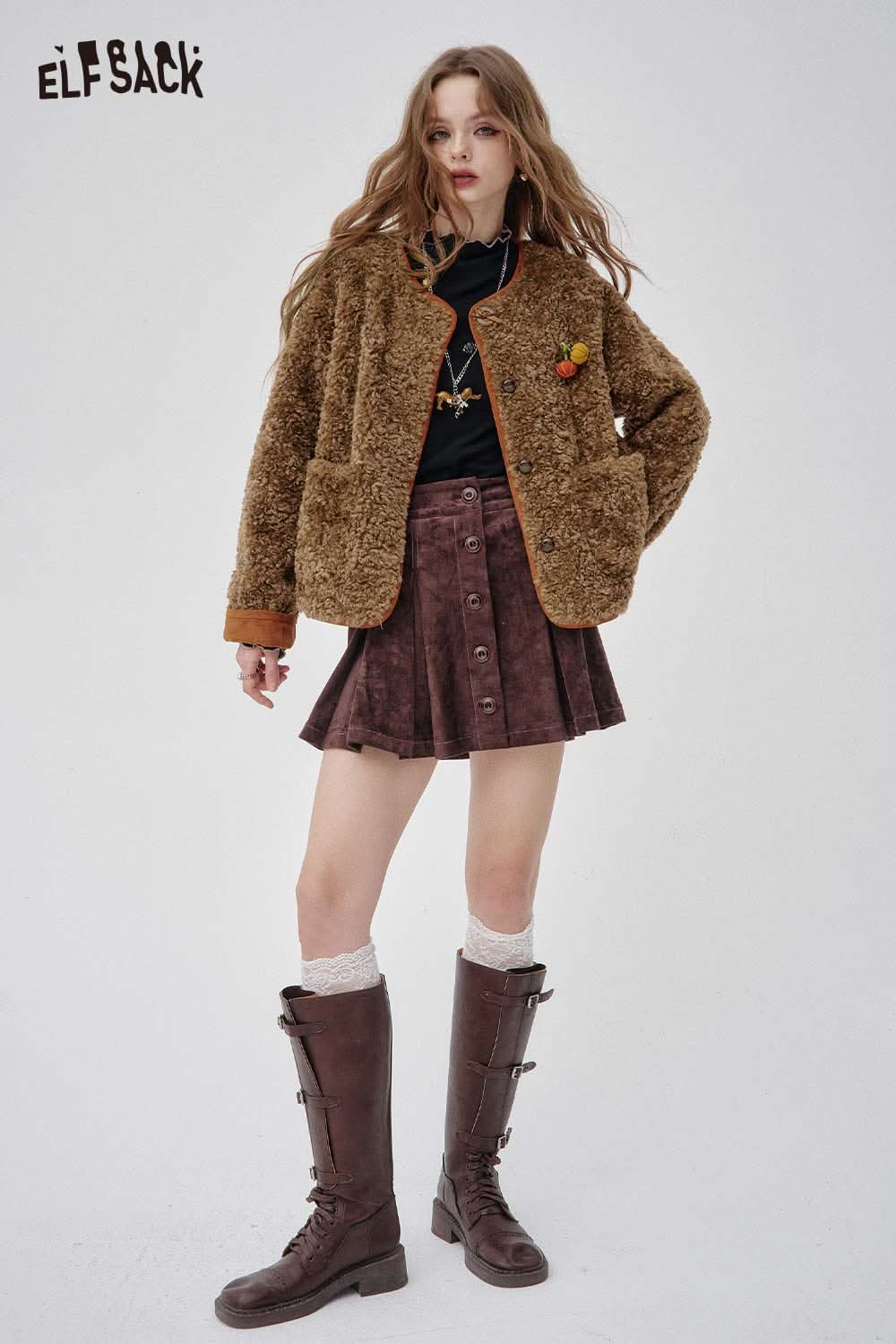 ELFSACK women's faux shearling pumpkin jacket featuring a cozy design and stylish buttons