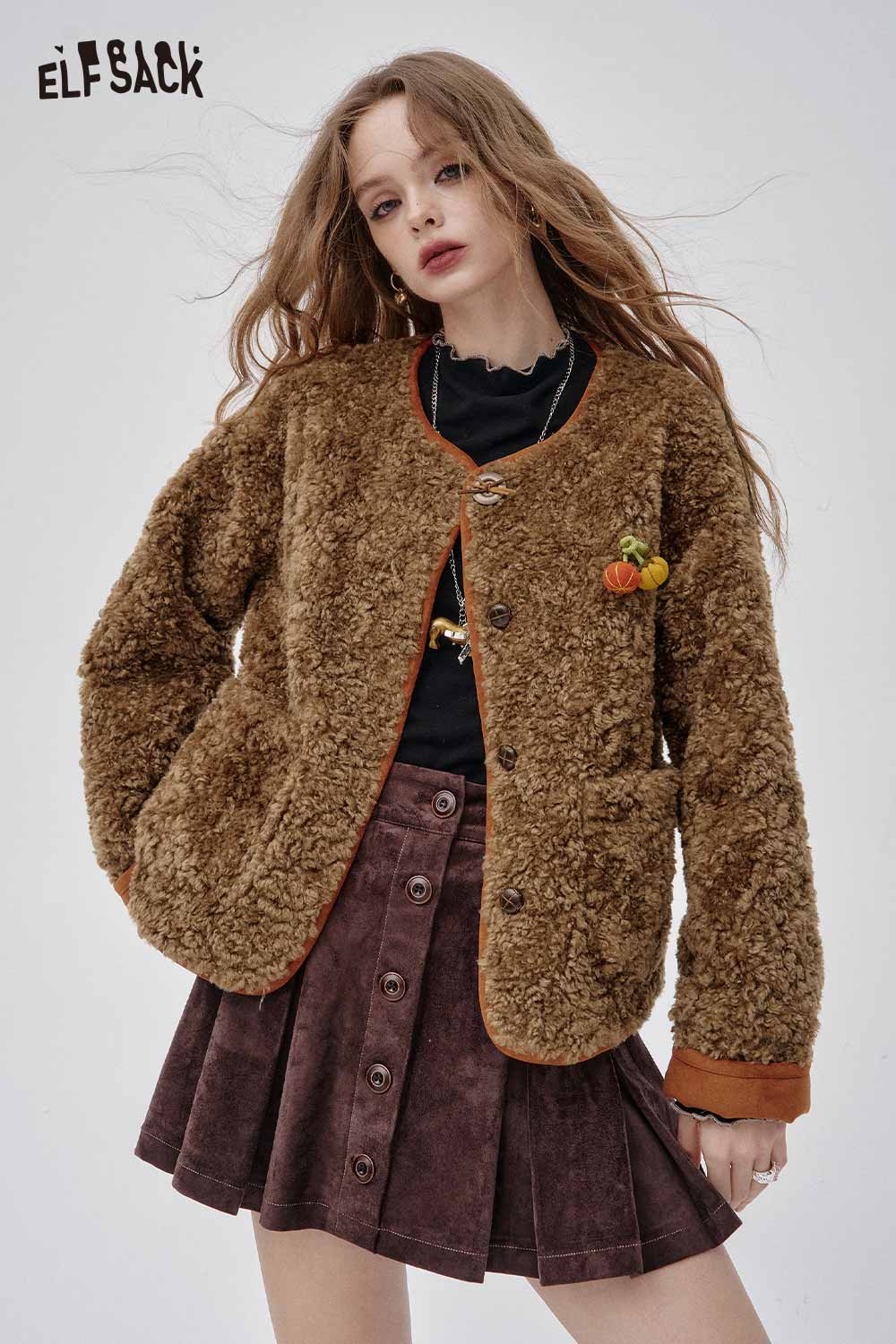 ELFSACK women's faux shearling pumpkin jacket in brown with cozy texture and stylish design