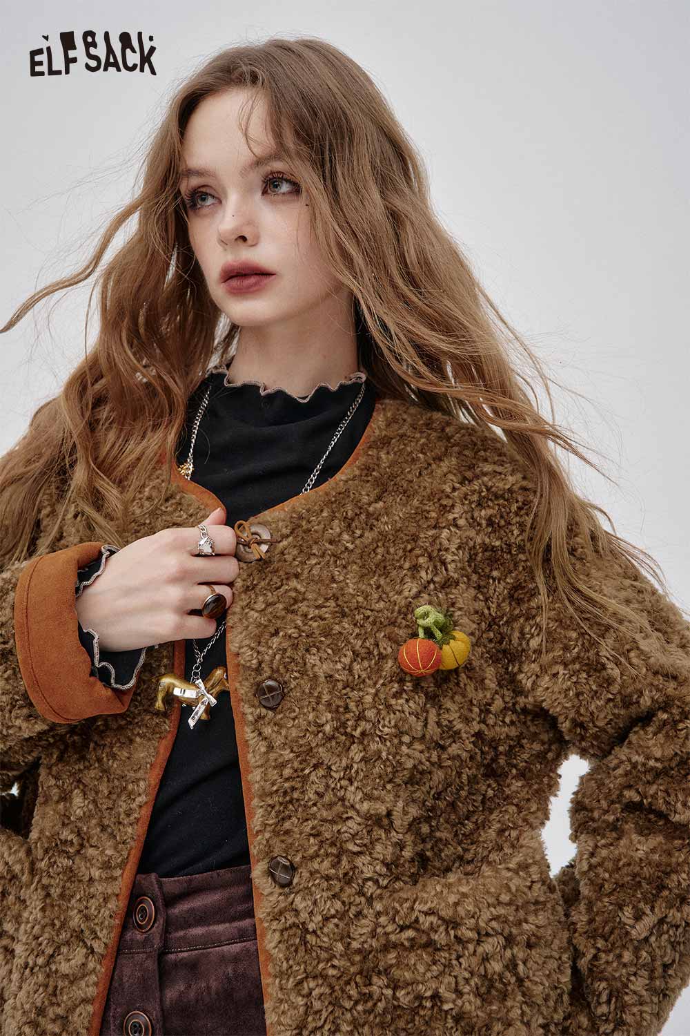 ELFSACK women's faux shearling pumpkin jacket in brown with decorative pumpkin accents