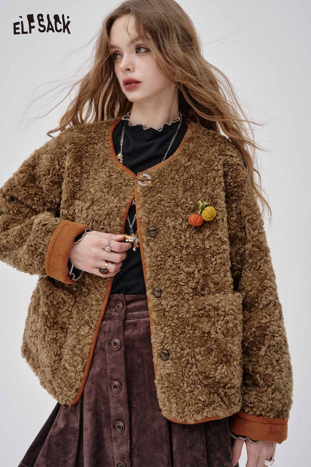 ELFSACK women's faux shearling pumpkin jacket in brown with a cozy oversized fit and pockets