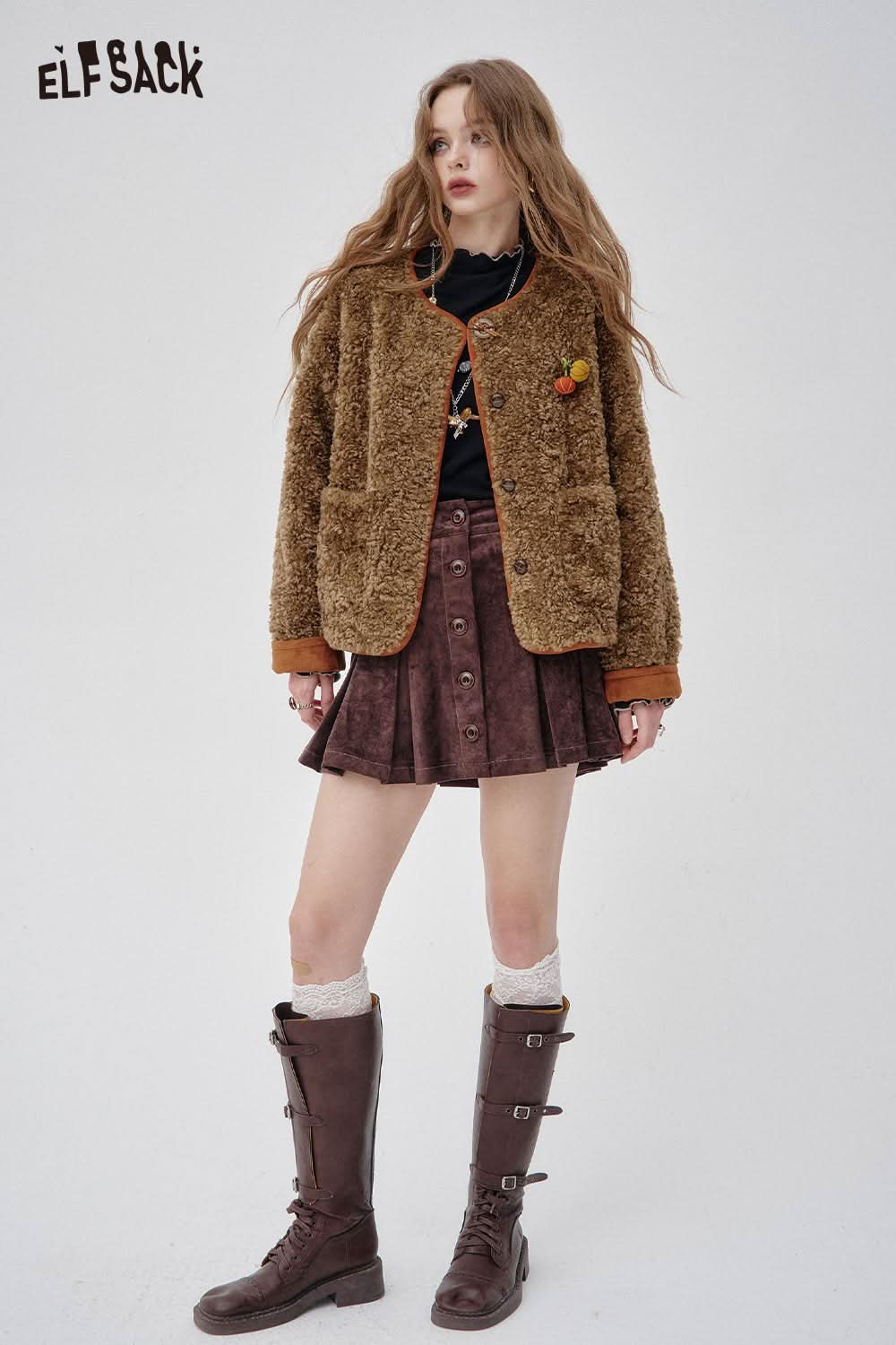 ELFSACK women's faux shearling pumpkin jacket in brown, perfect for stylish layering in cooler weather