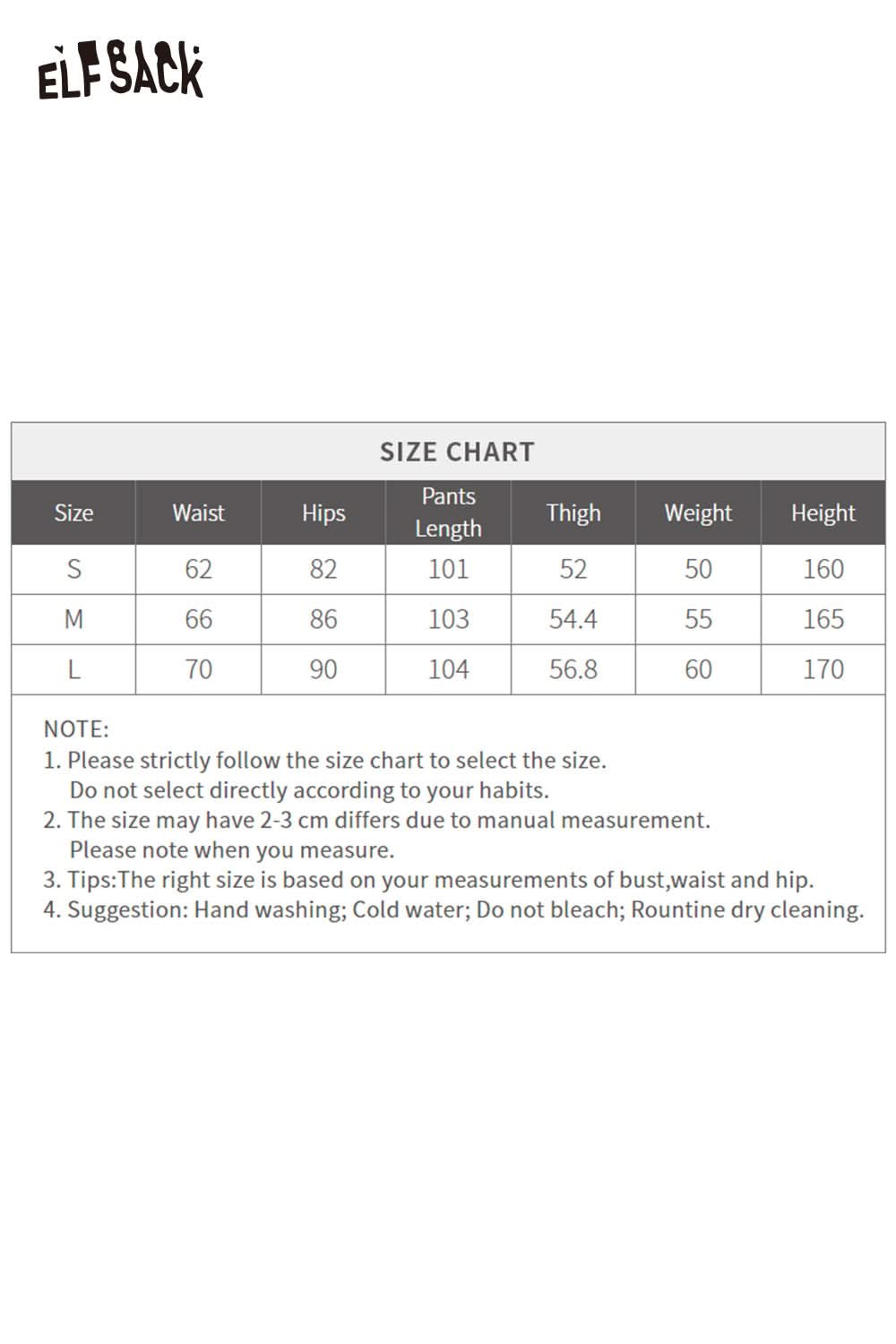 Size chart for ELFSACK women's flared stretch denim jeans with measurement details for waist and hips