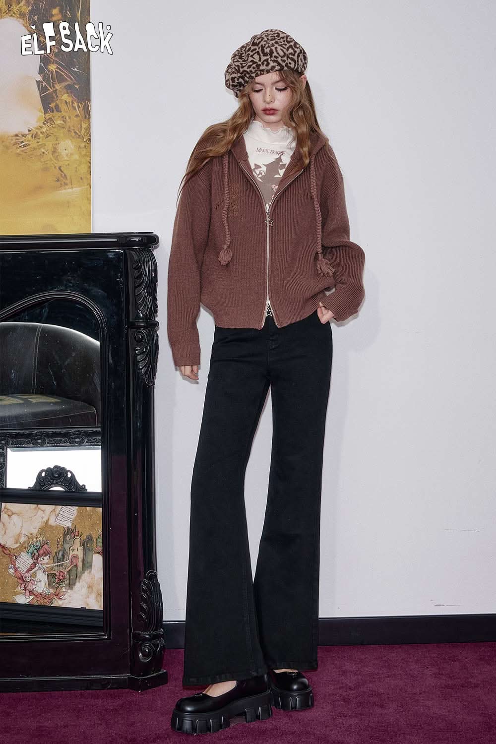 ELFSACK women's flared stretch denim jeans styled with a cozy brown sweater and a leopard beret