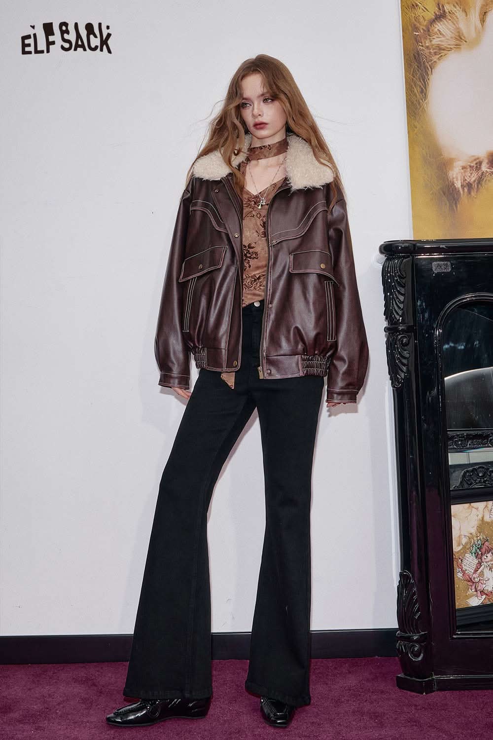 ELFSACK women's flared stretch denim jeans paired with a stylish brown jacket in a chic setting