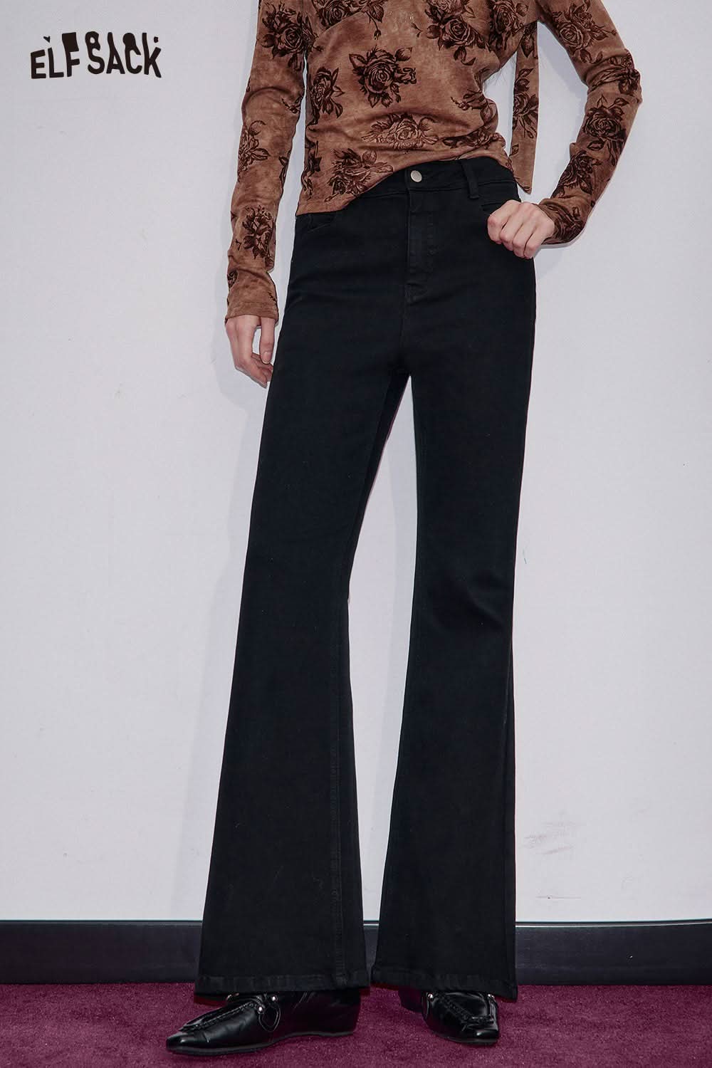 ELFSACK women's flared stretch denim jeans in black for a stylish and comfortable fit