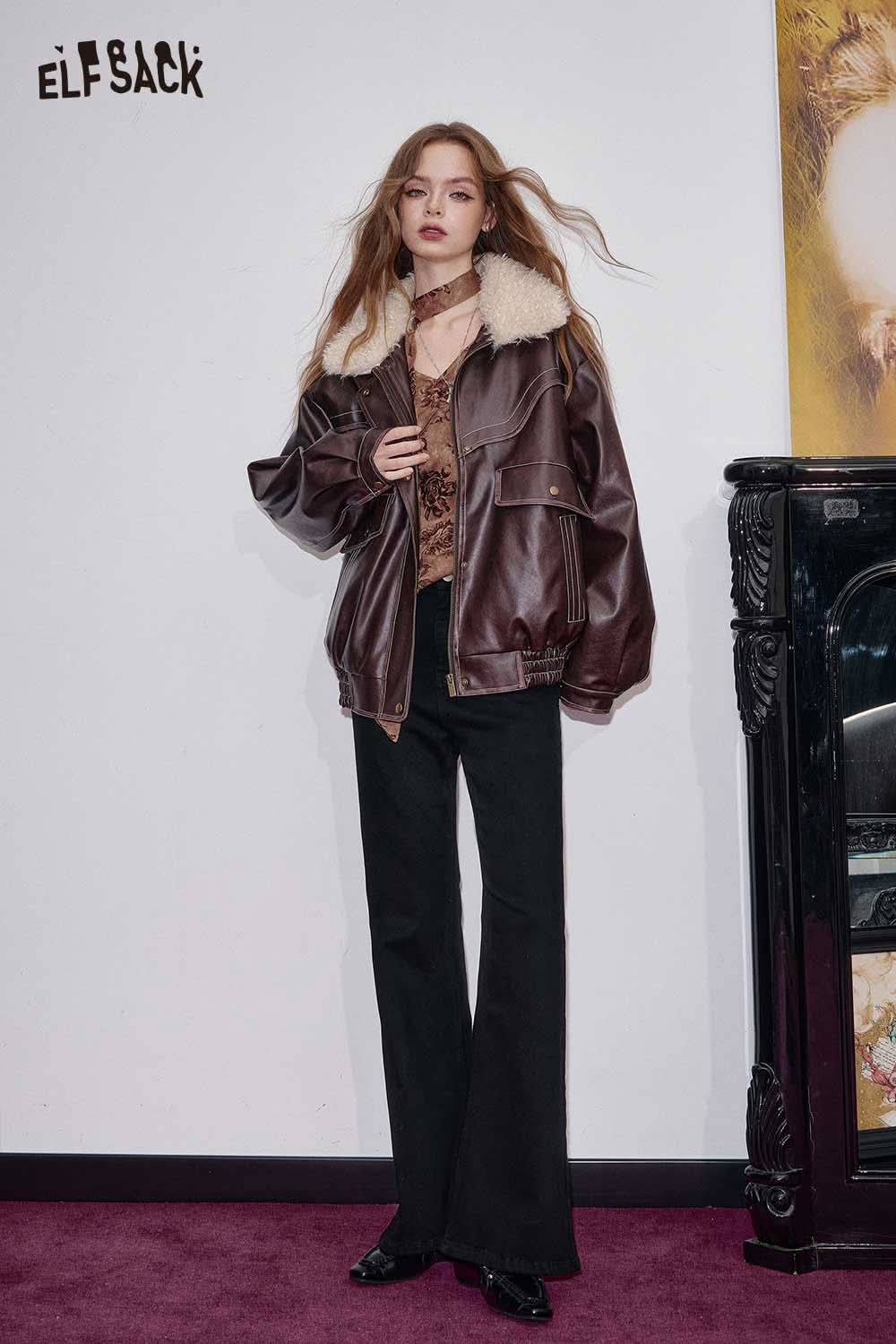 ELFSACK women's flared stretch denim jeans paired with a stylish oversized jacket for a chic look