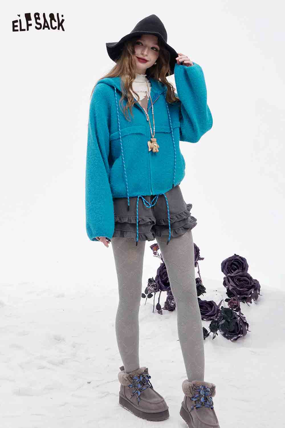 ELFSACK women's fleece hooded sweater in turquoise with oversized sleeves and drawstring detail