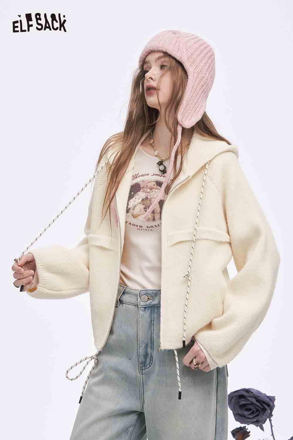 ELFSACK women's fleece hooded sweater in cream with drawstrings and relaxed fit