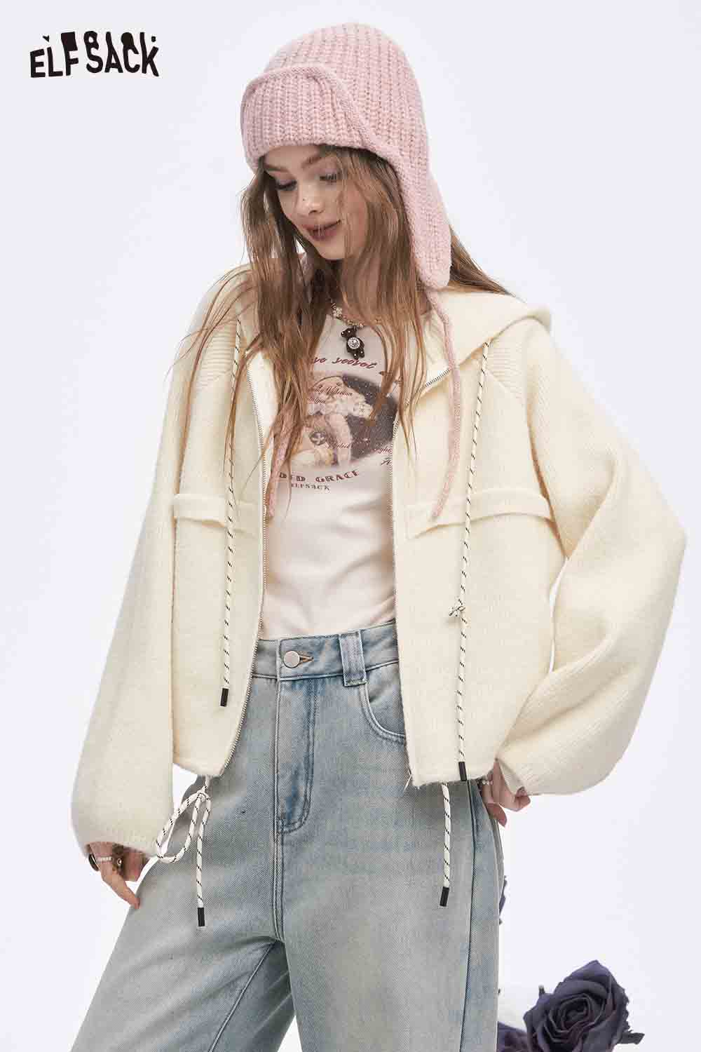 ELFSACK women's fleece hooded sweater in cream with drawstrings and loose fit for comfort