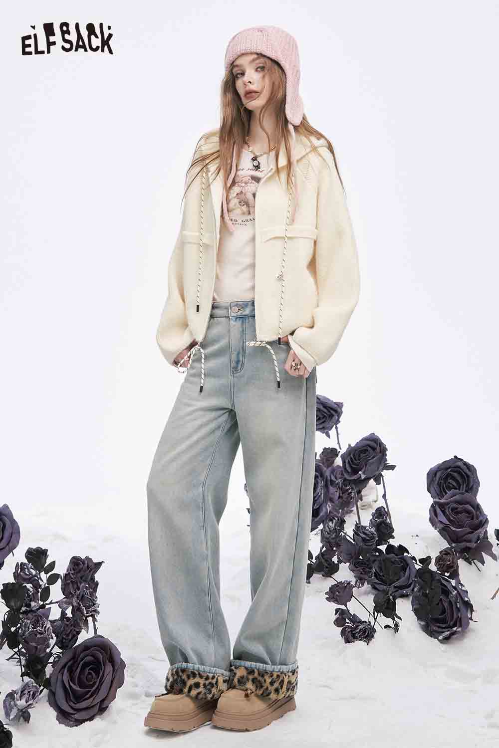 ELFSACK women's fleece hooded sweater paired with relaxed jeans and cozy footwear for a trendy look