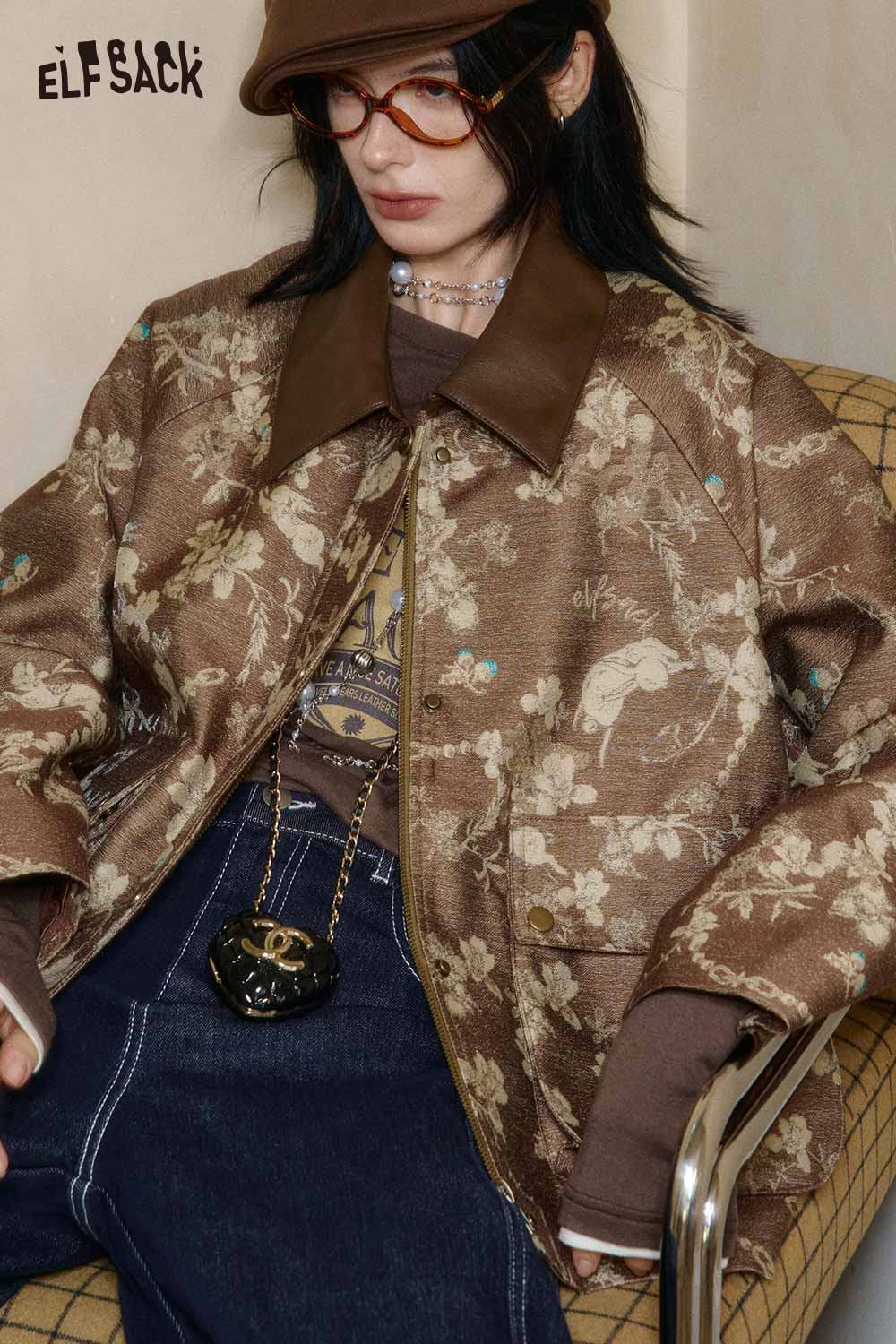 ELFSACK women's floral applique jacket in brown with unique floral patterns and a stylish design