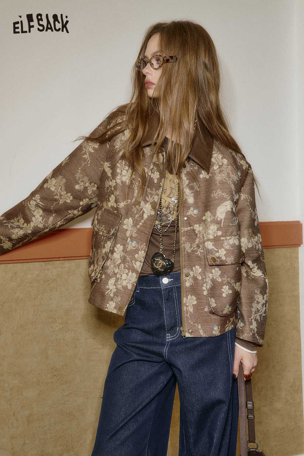 ELFSACK women's floral applique jacket in brown with floral patterns and a stylish design