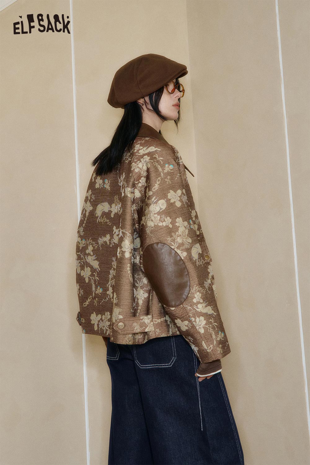 ELFSACK women's floral applique jacket featuring a brown floral pattern and stylish design for casual wear