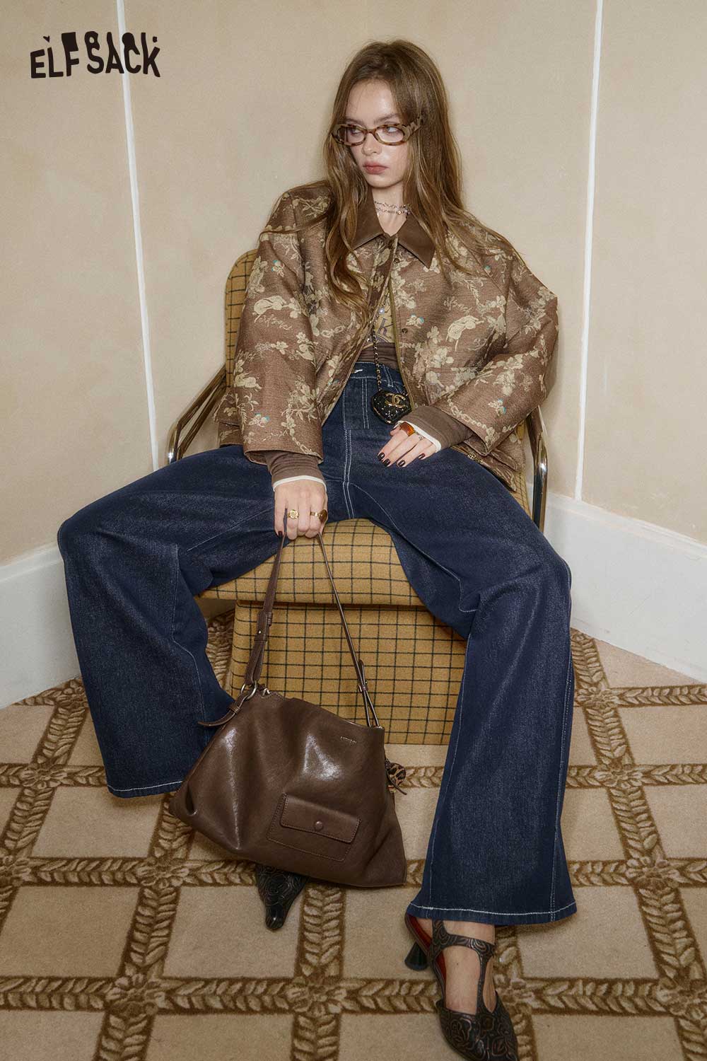 ELFSACK women's floral applique jacket styled with wide-leg jeans and a chic handbag