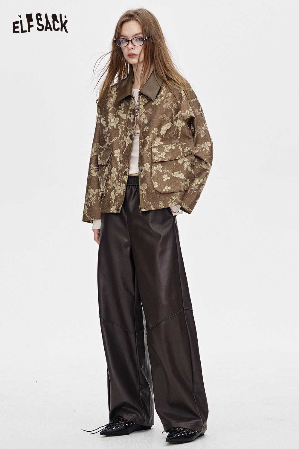 ELFSACK women's floral applique jacket in brown with a stylish design and relaxed fit