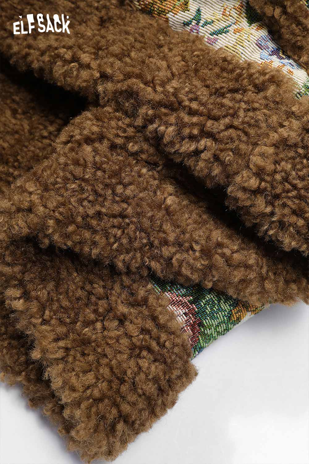 ELFSACK women's floral graphic coat featuring a soft brown textured fabric and colorful floral design