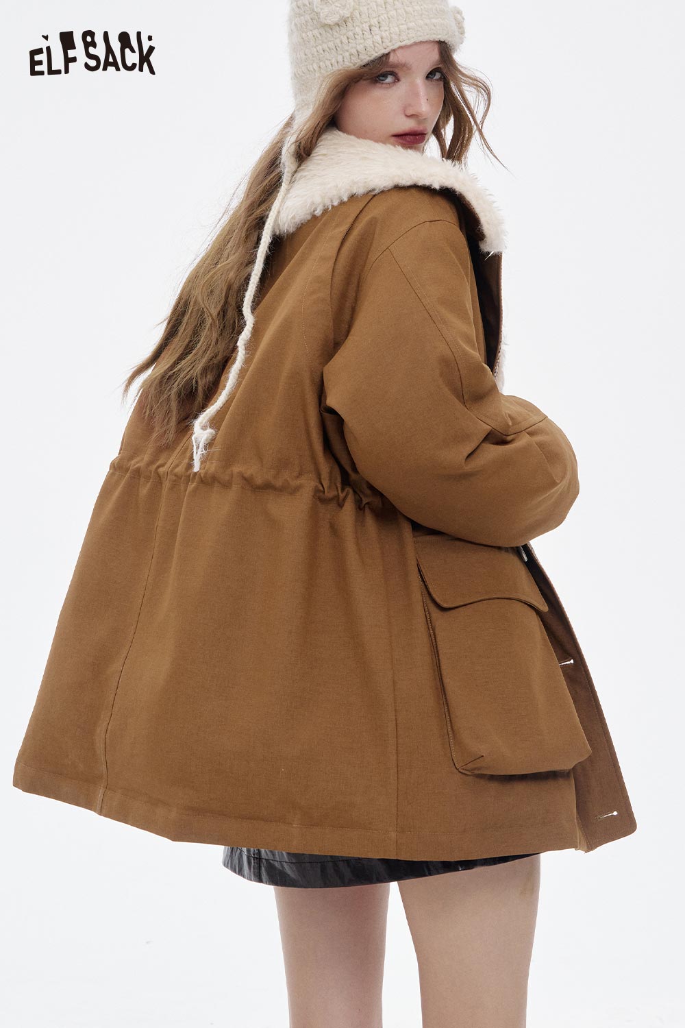 ELFSACK women's furry plaid jacket in brown with a cozy collar and adjustable waist for warmth