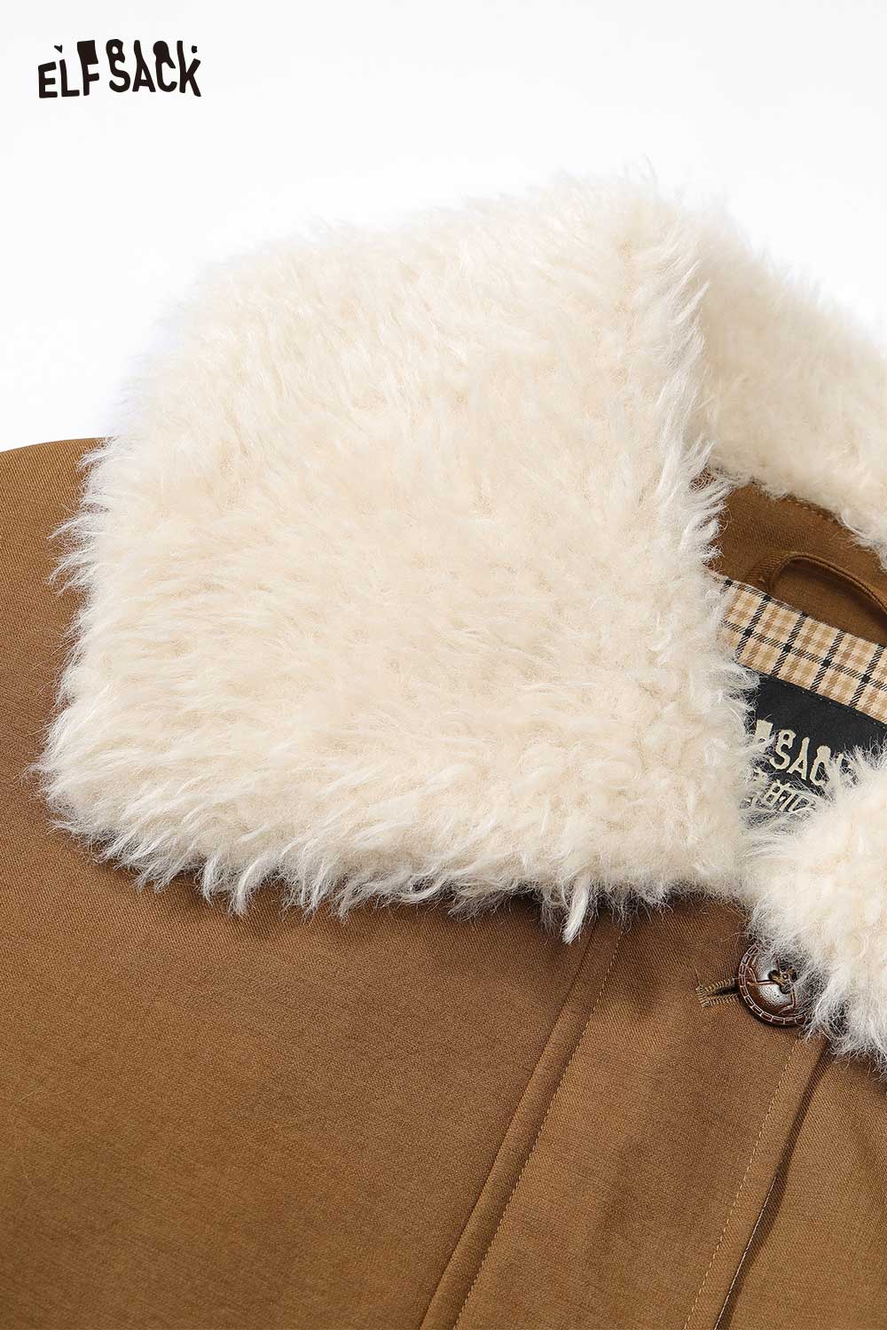 ELFSACK women's furry plaid jacket with a soft, fluffy collar and warm design for winter comfort