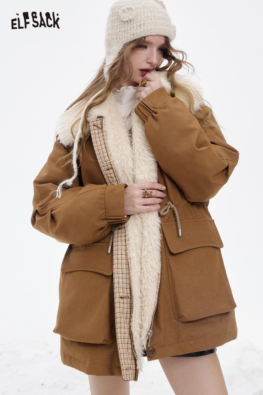 ELFSACK women's furry plaid jacket with fluffy collar and large pockets for warmth and style