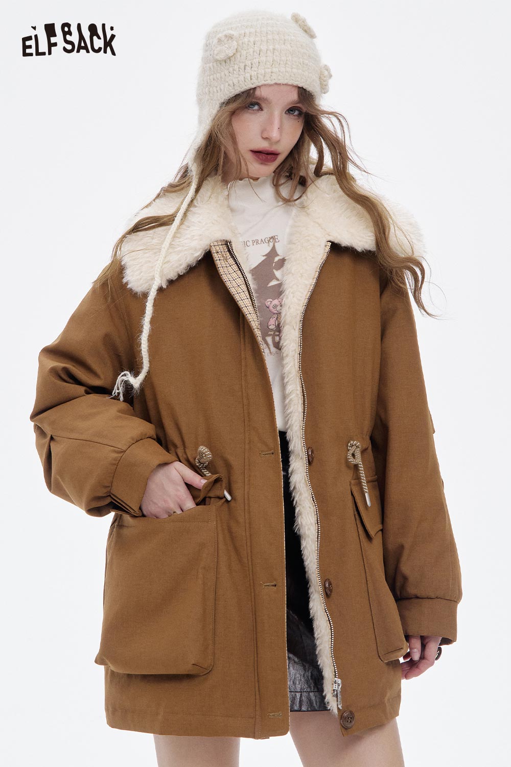 ELFSACK women's furry plaid jacket with fuzzy lining and large front pockets for warmth and style