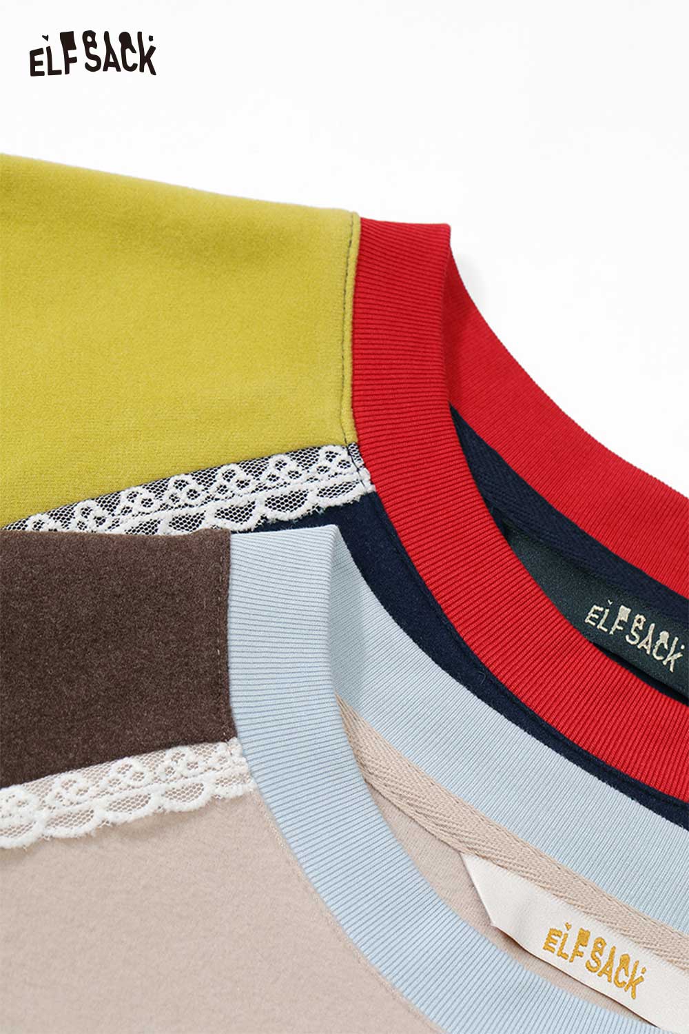 ELFSACK women's graphic letter t-shirt featuring colorful crew neck collars and unique lace accents