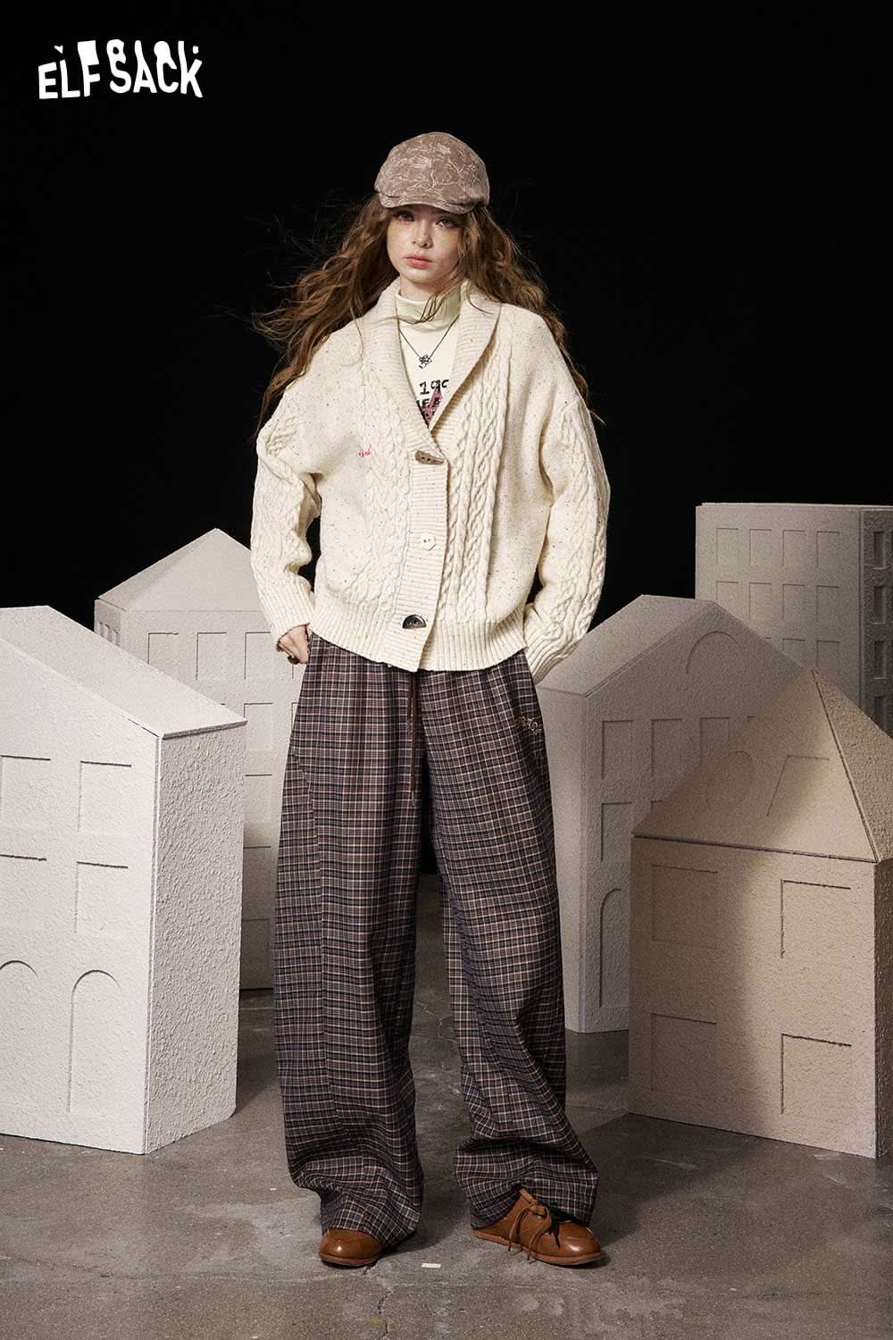 ELFSACK women's graphic long sleeve t-shirt styled with a cozy cardigan and plaid pants