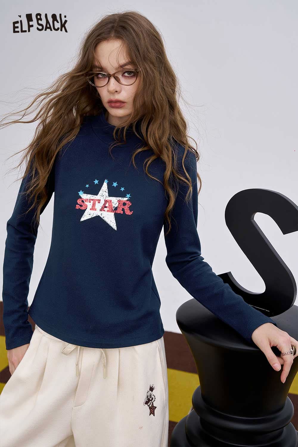 ELFSACK women's graphic long sleeve t-shirt in navy with star print design for casual wear
